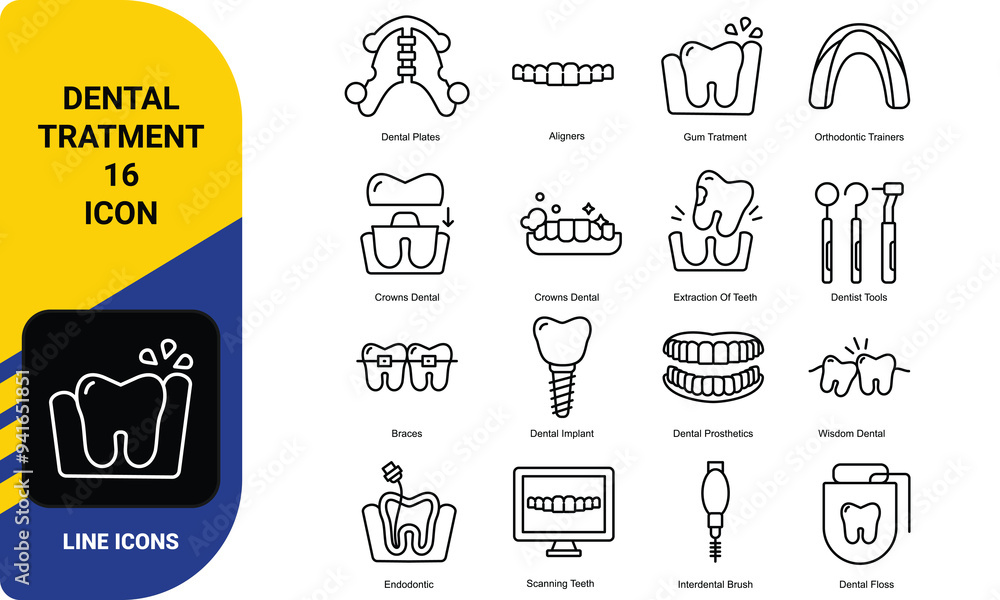 WebTreatment and care of teeth in dentistry, line icon set in vector ...