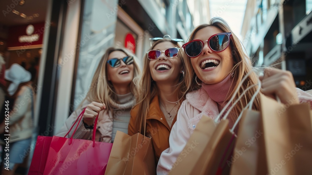Fototapeta premium Three cheerful young women, carrying shopping bags and wearing sunglasses, are having a great time at a shopping mall, reflecting the essence of friendship and enjoyment during a shopping outing