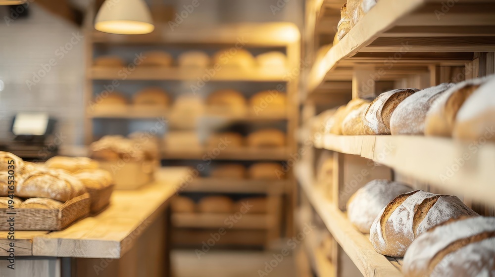 Abstract blur of a rustic bakery with wooden shelves filled with fresh loaves Abstract blur of a rustic bakery with wooden shelves filled with fresh loaves