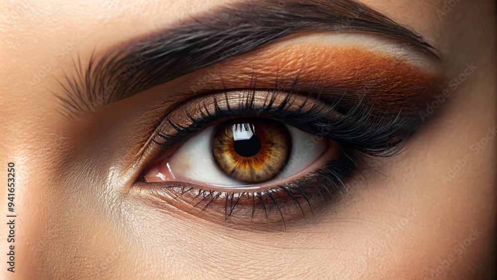 Fototapeta premium Female eye with brown eyeshadow, stylish glamorous makeup close-up.