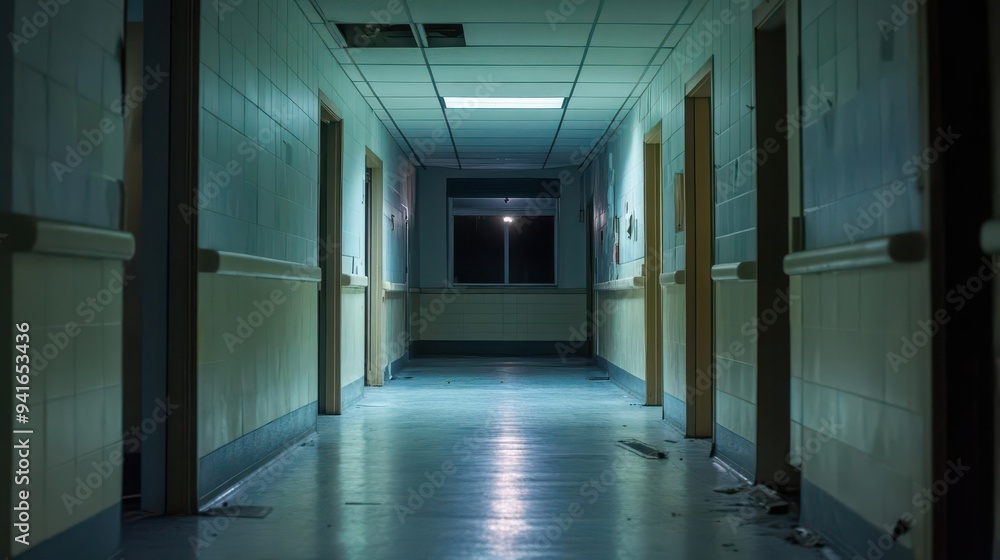 An abandoned hospital hallway at night, with a soft, unfocused glow from a distant window An abandoned hospital hallway at night, with a soft, unfocused glow from a distant window