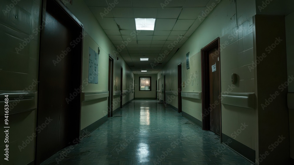 An abandoned hospital hallway at night, with a soft, unfocused glow from a distant window An abandoned hospital hallway at night, with a soft, unfocused glow from a distant window