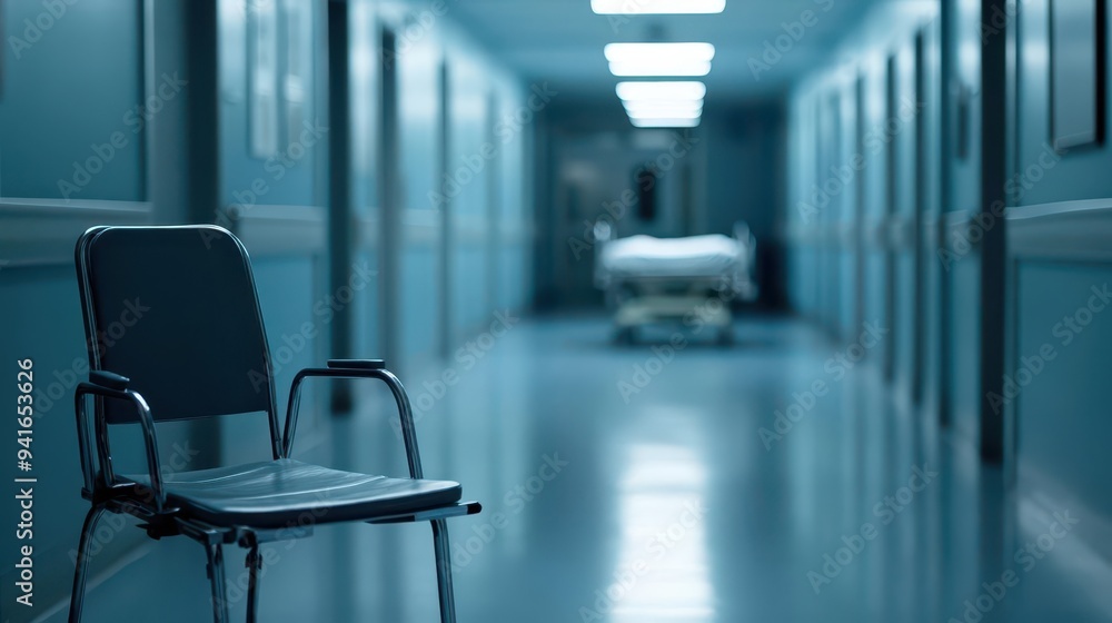 An abandoned hospital reception at night, the faint outline of a gurney in the unfocused background An abandoned hospital reception at night, the faint outline of a gurney in the unfocused background