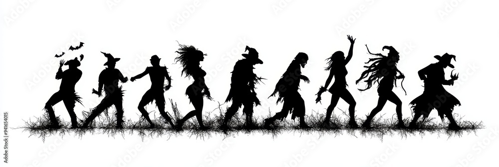 A line of Halloween silhouettes, including a witch, a vampire, a zombie, a werewolf, and a ghost, walking through a field of grass. A line of Halloween silhouettes, including a witch, a vampire, a zombie, a werewolf, and a ghost, walking through a field of grass.