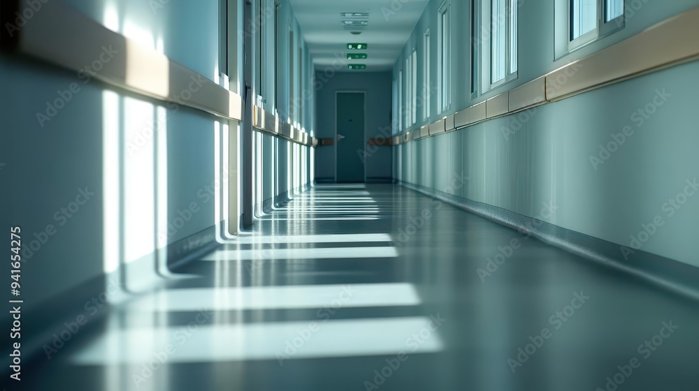 A hospital corridor at night, with a dim light casting long shadows, background blurred A hospital corridor at night, with a dim light casting long shadows, background blurred