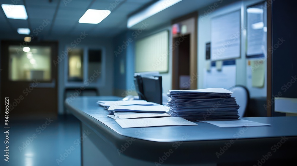 A nighttime clinic reception desk, with an unfocused chair pushed back as if recently vacated A nighttime clinic reception desk, with an unfocused chair pushed back as if recently vacated