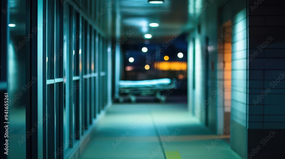 A nighttime hospital corridor with an unfocused stretcher in the background A nighttime hospital corridor with an unfocused stretcher in the background