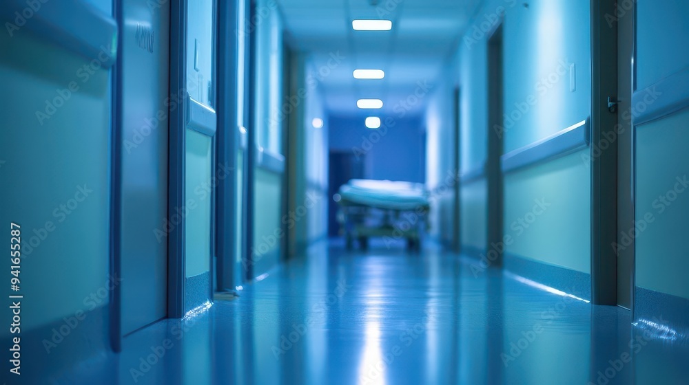 A nighttime hospital corridor with an unfocused stretcher in the background A nighttime hospital corridor with an unfocused stretcher in the background