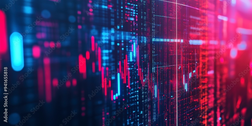 Vibrant digital financial data. Abstract glowing charts with red and blue hues symbolize stock market dynamics and analytics. Vibrant digital financial data. Abstract glowing charts with red and blue hues symbolize stock market dynamics and analytics.