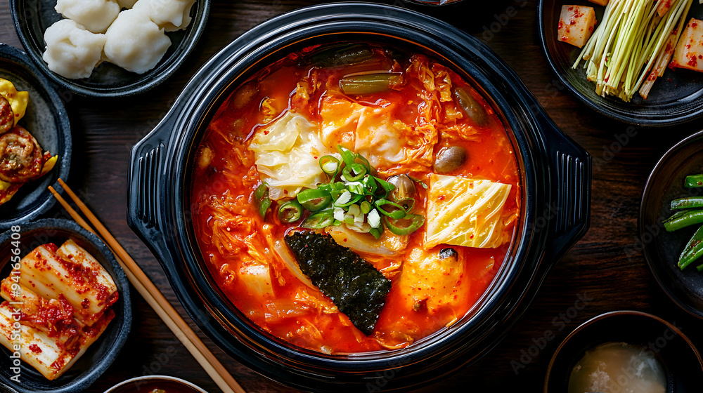 Artistic Overhead Shot An overhead shot of a beautifully arranged table featuring a bowl of Kimchi Jjigae at the center, surrounded by side dishes and traditional Korean chopsticks Artistic Overhead Shot An overhead shot of a beautifully arranged table featuring a bowl of Kimchi Jjigae at the center, surrounded by side dishes and traditional Korean chopsticks