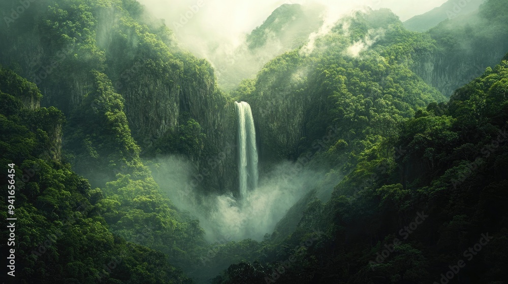 A powerful waterfall tumbles through lush mountains, with mist rising into the vibrant greenery of a dense rainforest. The scene captures the awe of nature's scale. A powerful waterfall tumbles through lush mountains, with mist rising into the vibrant greenery of a dense rainforest. The scene captures the awe of nature's scale.