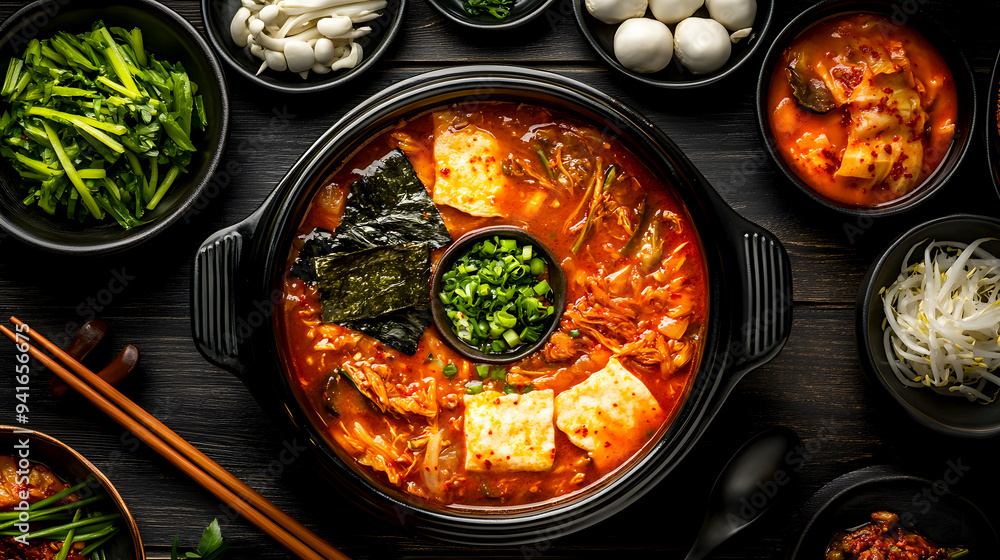 Artistic Overhead Shot An overhead shot of a beautifully arranged table featuring a bowl of Kimchi Jjigae at the center, surrounded by side dishes and traditional Korean chopsticks Artistic Overhead Shot An overhead shot of a beautifully arranged table featuring a bowl of Kimchi Jjigae at the center, surrounded by side dishes and traditional Korean chopsticks