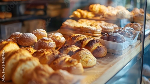 Soft, gentle blur of a bakery s counter with a variety of freshly baked goods photo