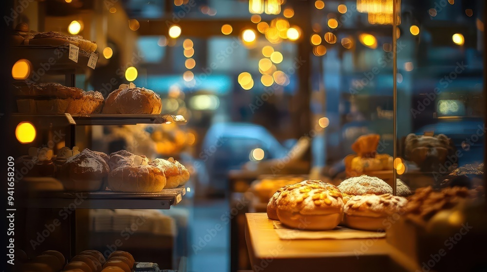 Fototapeta premium Warm, inviting blur of a bakery with a soft, dreamy glow from the lights