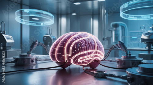  A human brain powered by AI wires inside a lab