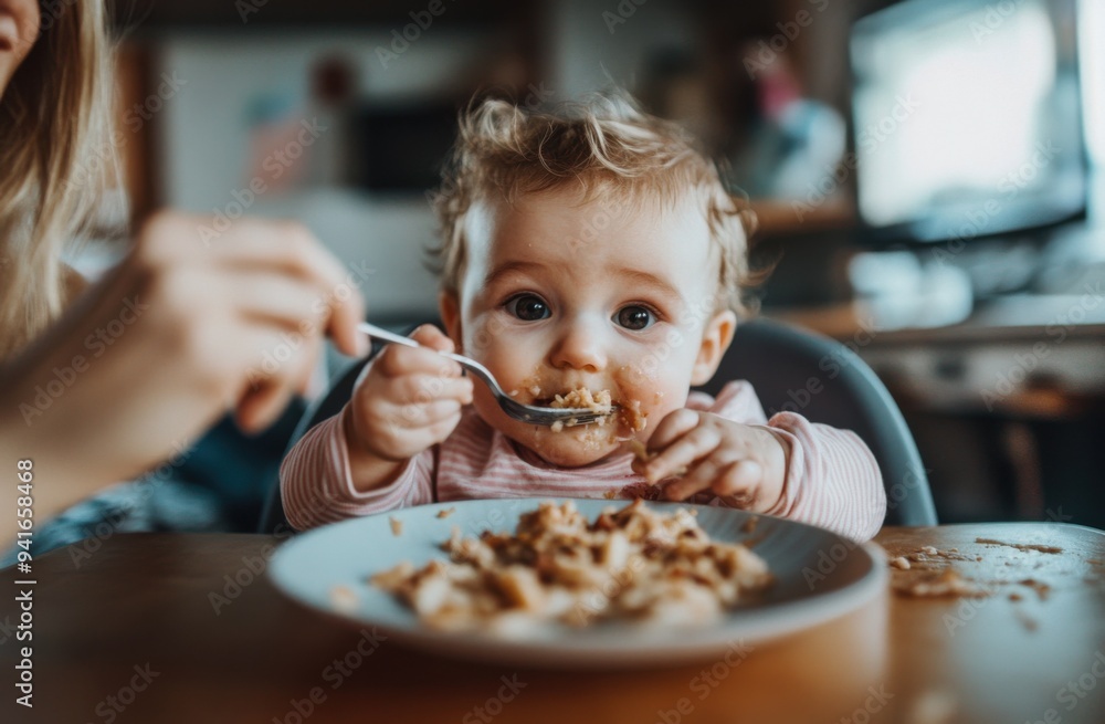 A baby girl eating at the table with her mother, holding a spoon in her hand and food on a plate. A baby girl eating at the table with her mother, holding a spoon in her hand and food on a plate.