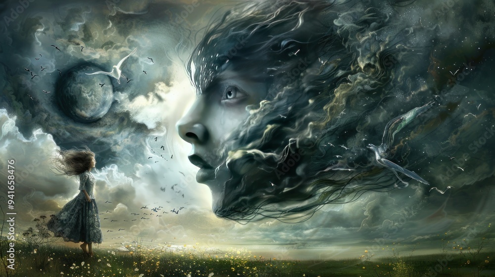 Mystical Dreamscape with Woman and Birds. Mystical Dreamscape with Woman and Birds.