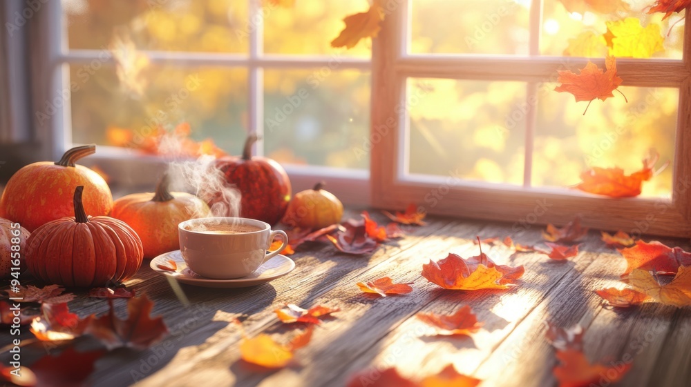 Warm and cozy autumn setup with pumpkins of various colors, autumn leaves scattered on a wooden table, soft sunlight and steaming coffee enhancing the relaxed atmosphere Warm and cozy autumn setup with pumpkins of various colors, autumn leaves scattered on a wooden table, soft sunlight and steaming coffee enhancing the relaxed atmosphere