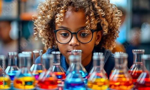 A young child with curly hair and glasses gazes with wonder at vibrant liquids in laboratory flasks, discovering the joy of science at a lively fair photo