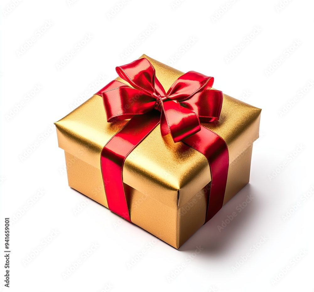 Fototapeta premium Gold gift box with a red ribbon and bow on a white background. AI generated image