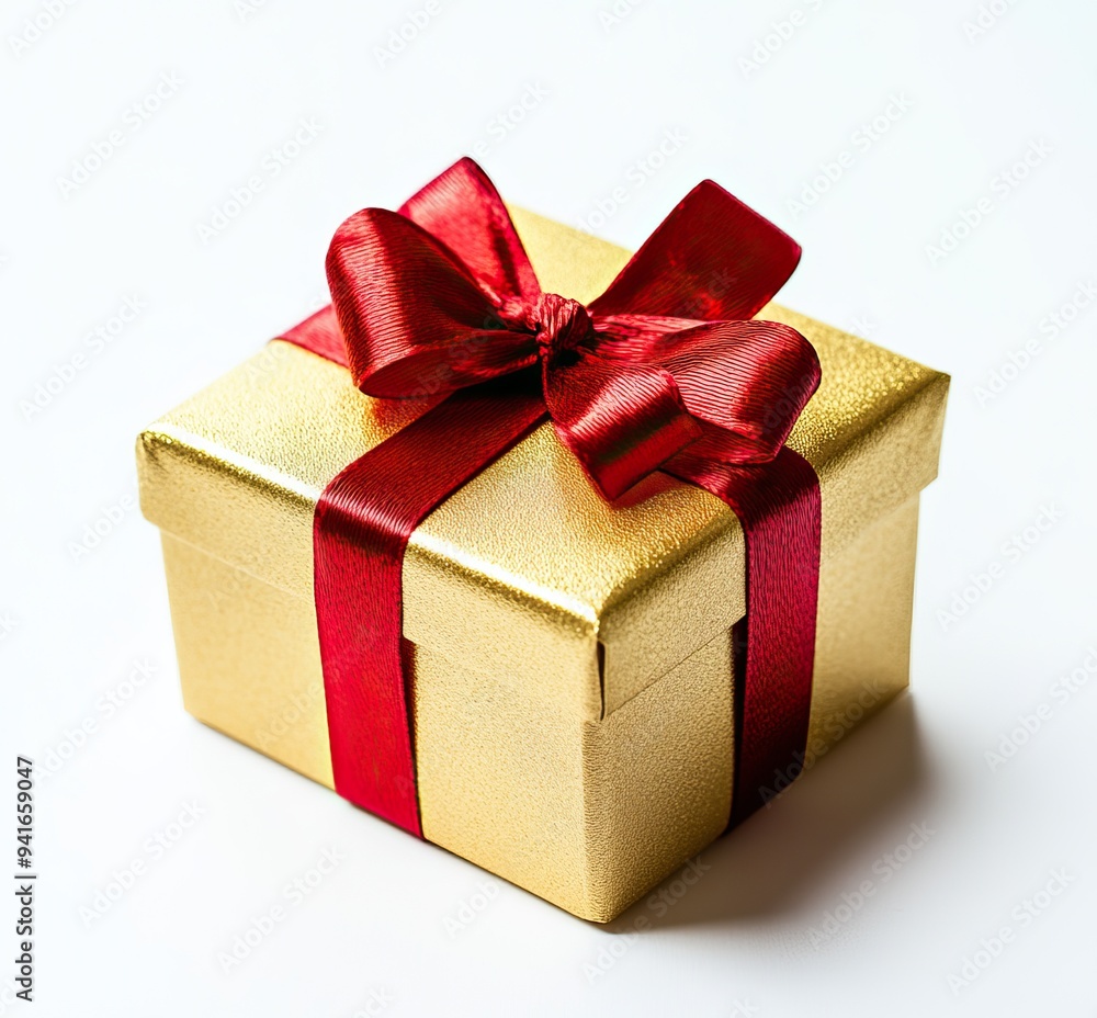 Gold gift box with a red ribbon and bow on a white background. AI generated image Gold gift box with a red ribbon and bow on a white background. AI generated image