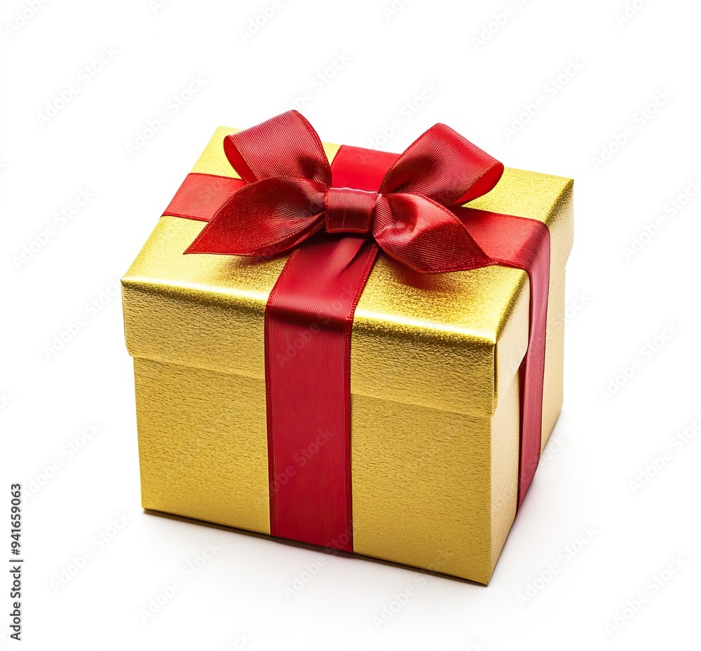 Gold gift box with a red ribbon and bow on a white background. AI generated image Gold gift box with a red ribbon and bow on a white background. AI generated image