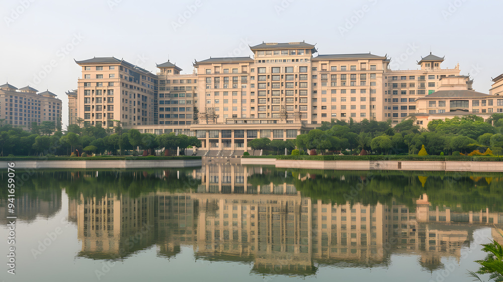 Fototapeta premium Spacious Governmental Building with Tranquil Park and Reflective Water Surface.