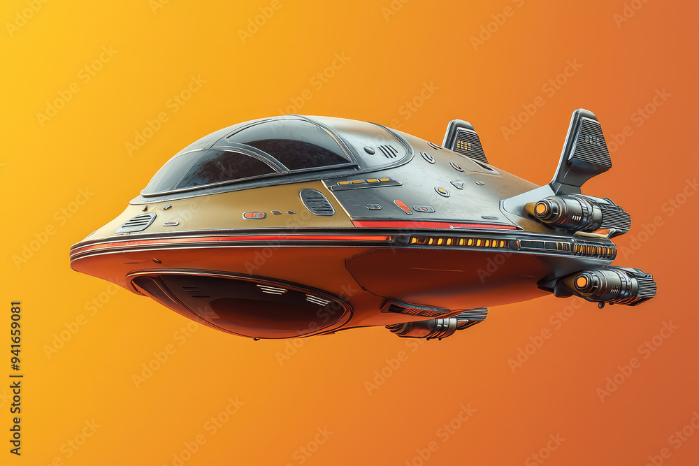 Explore the Skies: A Saucer-Shaped Retro-Futuristic Spaceship Floating Against a Vibrant Sunset Background Explore the Skies: A Saucer-Shaped Retro-Futuristic Spaceship Floating Against a Vibrant Sunset Background