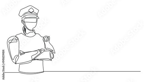 Art & Illustrationcontinuous line of AI technology for security.one line drawing of AI robot with security hat,for data and information security.interacting with AI.technology advances.single line vec