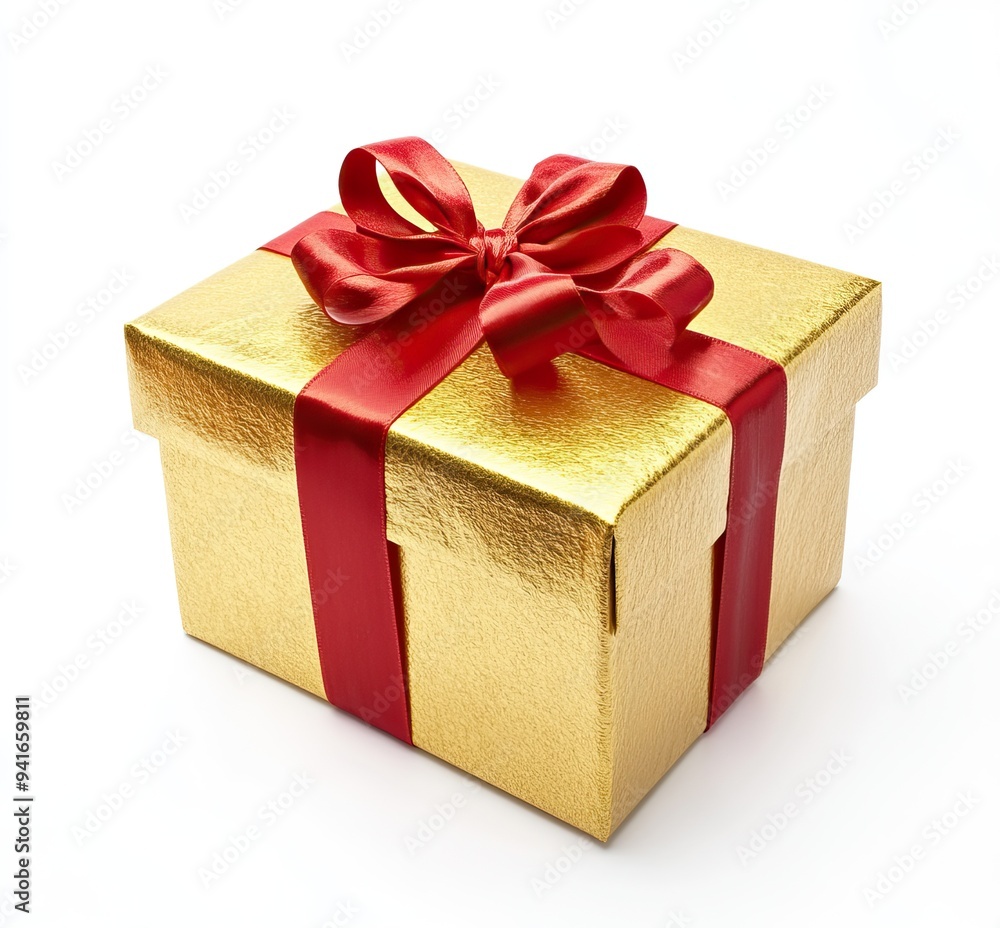 Obraz premium Gold gift box with a red ribbon and bow on a white background. AI generated image