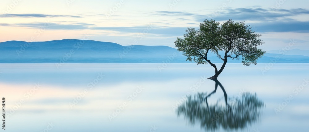 Solitary Tree Reflected in Still Water at Dawn Solitary Tree Reflected in Still Water at Dawn