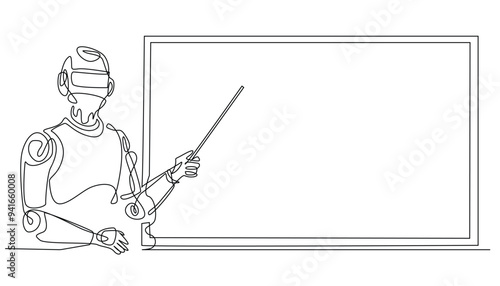 continuous line of AI technology for education.one line drawing of an AI robot pointing at a blackboard.interacting with AI.modern progress technology.single line vector illustration.editable strokes