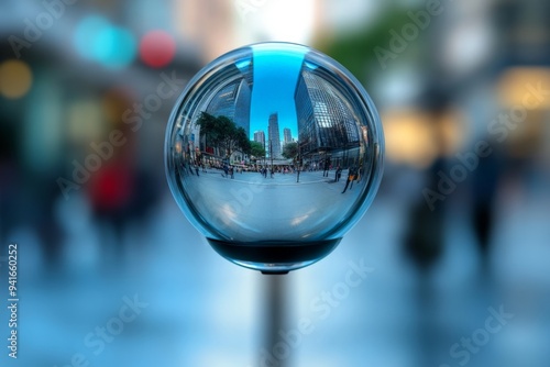 Urban Reflections: A Cityscape Captured in a Crystal Ball on a Bustling Street