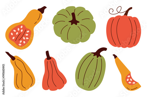 Flat style pumpkin set with colorful autumn gourds and squash. Perfect for fall-themed designs, illustrations, or seasonal decor. Add a touch of autumn to any creative project.