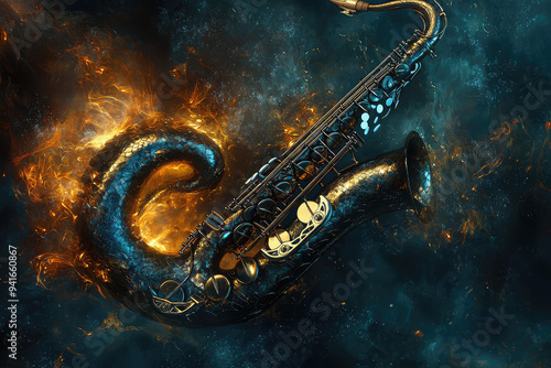 Wallpaper Mural A surreal dance of music and fire, where a saxophone transforms into a majestic serpent amidst vibrant flames and cosmic depths. Torontodigital.ca