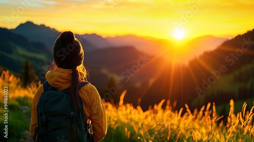 A woman with clear skin, basking in the morning light on a mountain trail