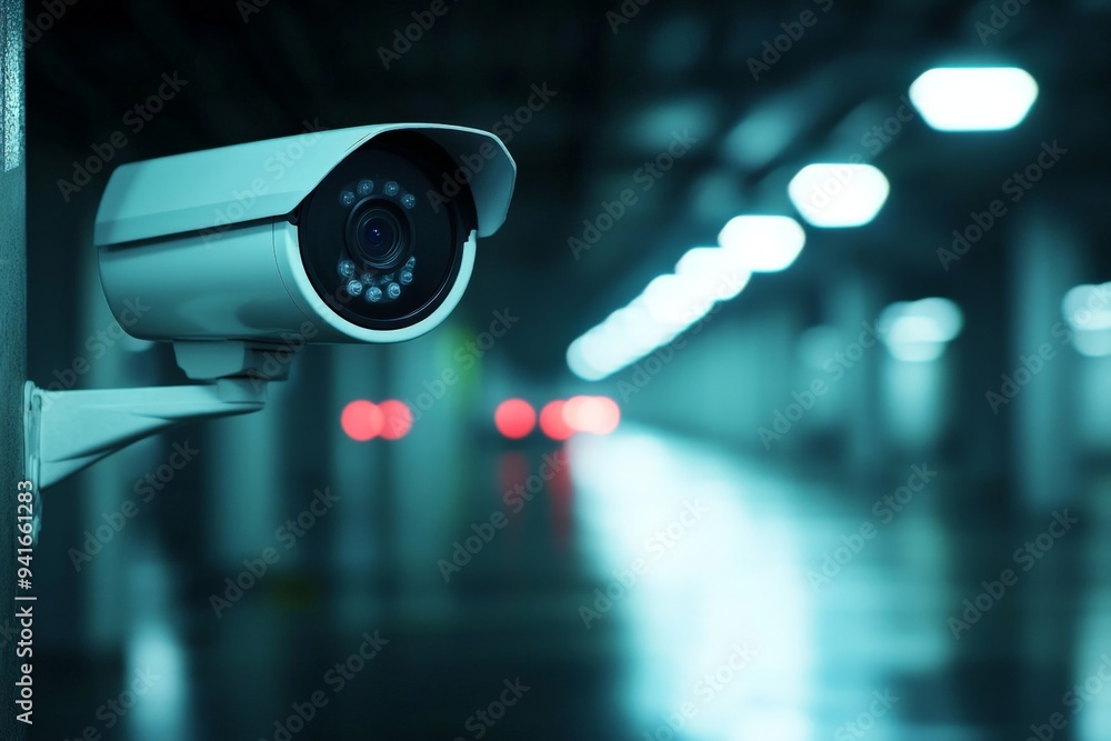 Modern Surveillance Camera Monitoring a Dimly Lit Parking Garage for Enhanced Security with copy space Modern Surveillance Camera Monitoring a Dimly Lit Parking Garage for Enhanced Security with copy space