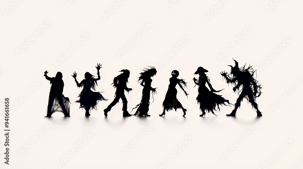 A row of eight unrecognizable people dressed in Halloween costumes, their silhouettes are outlined against a white background. The image evokes a sense of mystery, anticipation, and the excitement of A row of eight unrecognizable people dressed in Halloween costumes, their silhouettes are outlined against a white background. The image evokes a sense of mystery, anticipation, and the excitement of