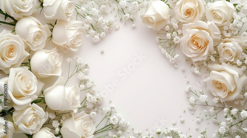 White peonies roses on white background with copy space abstract natural floral frame layout with text space romantic feminine composition wedding invitation concept.