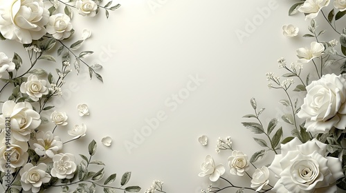 White peonies roses on white background with copy space abstract natural floral frame layout with text space romantic feminine composition wedding invitation concept.
