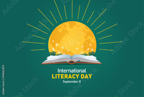 International Literacy Day concept of open book with alphabet letters. Children education background or learning event concept.