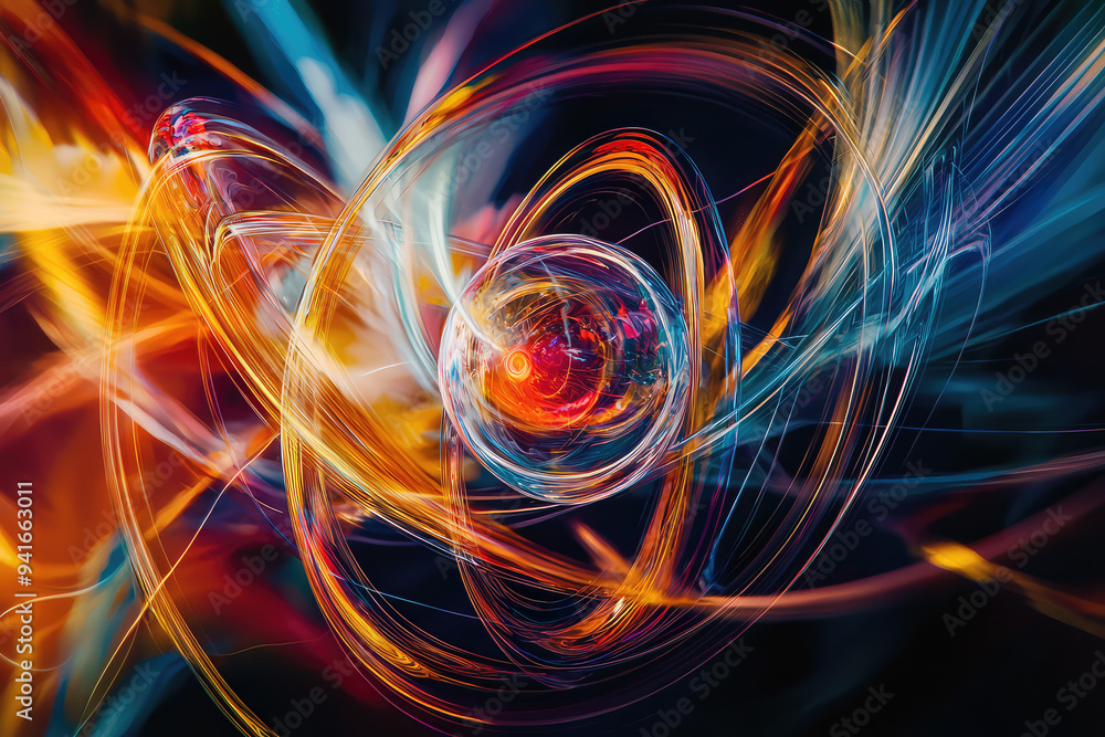 A Captivating Abstract Representation of an Atom Surrounded by Vibrant Colors and Dynamic Energy Swirls of Light. A Captivating Abstract Representation of an Atom Surrounded by Vibrant Colors and Dynamic Energy Swirls of Light.