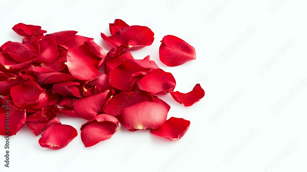 A collection of vibrant red rose petals scattered on a white background. A collection of vibrant red rose petals scattered on a white background.