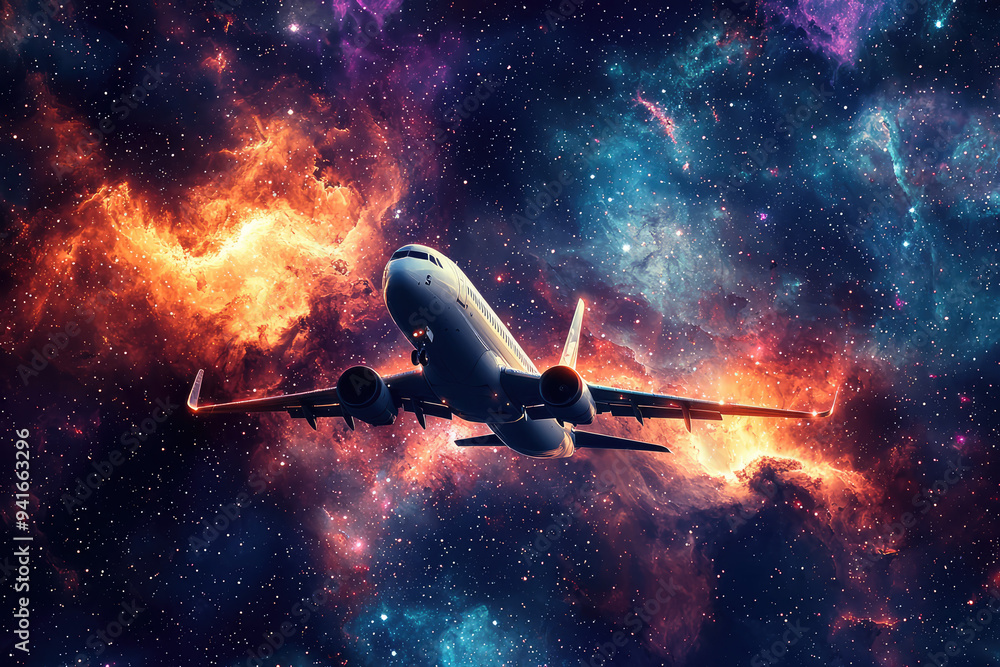 An Airplane Soars Through a Vibrant Nebula, Defying Gravity in the Depths of Space, a Stunning Journey Beyond the Skies! An Airplane Soars Through a Vibrant Nebula, Defying Gravity in the Depths of Space, a Stunning Journey Beyond the Skies!