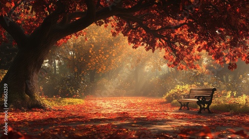 Tranquil autumn park with a large tree arching over a leaf-covered path, wooden bench nearby, and soft golden afternoon light creating a calm and inviting atmosphere