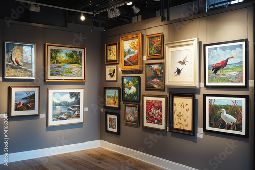 A Vibrant Showcase of Avian and Floral Artwork, Capturing the Beauty of Nature in a Well-Curated Gallery Space. photo