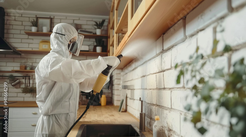 pest control worker wearing protective clothes is spraying pesticide or sanitizing in a house kitchen. 