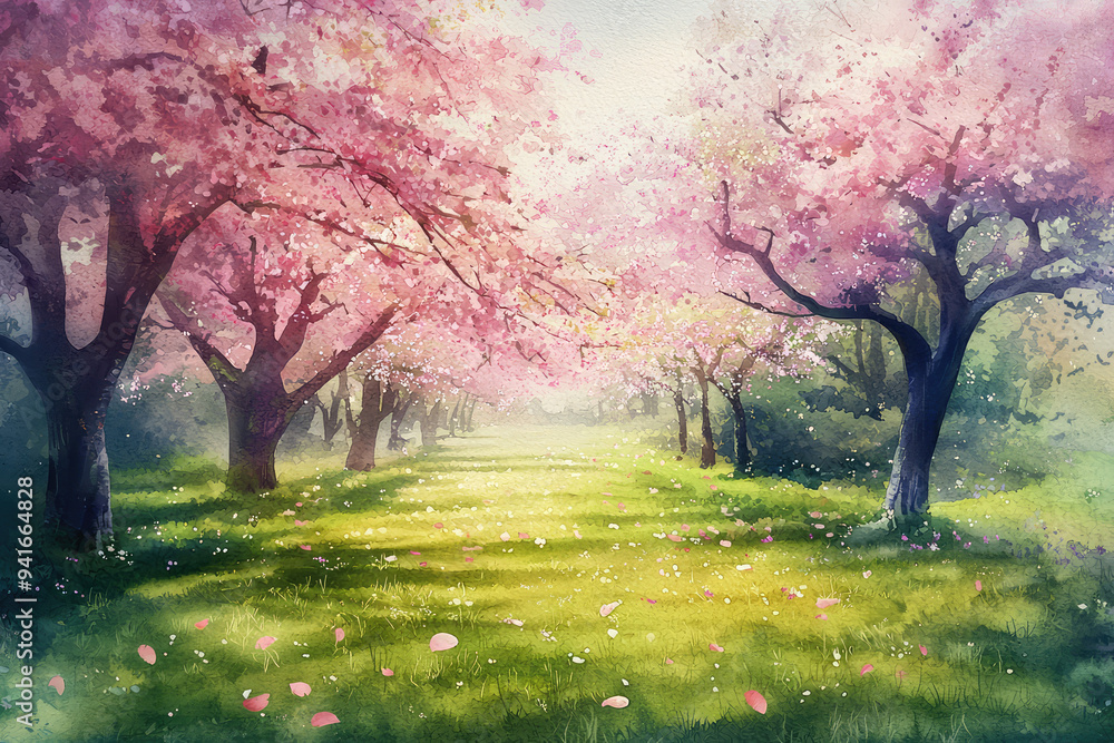 Fototapeta premium Witness the Enchantment of Cherry Blossoms in a Lush Pathway Framed by Blooming Trees and Glorious Spring Sunshine.