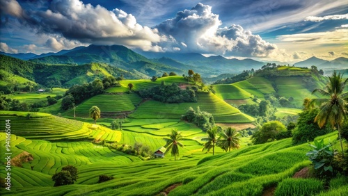 Emerald Haven Breezes: Refreshing, lush greenery, verdant fields, rolling hills, gentle winds, verdant paradise