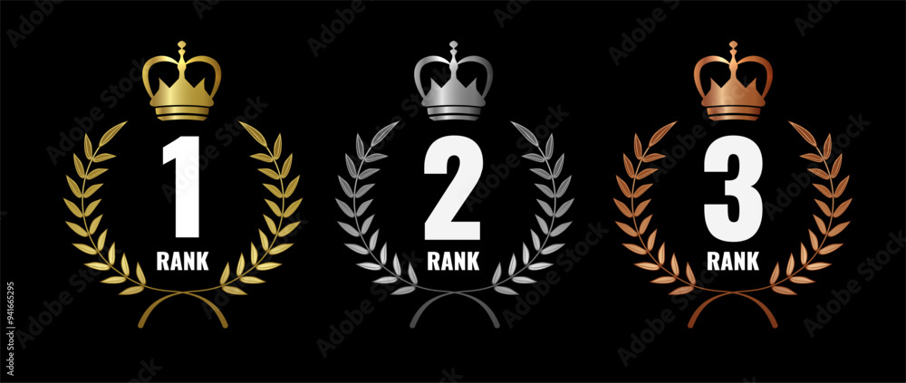 3d illustration of a gold, silver and bronze laurel wreath on a black background 3d illustration of a gold, silver and bronze laurel wreath on a black background